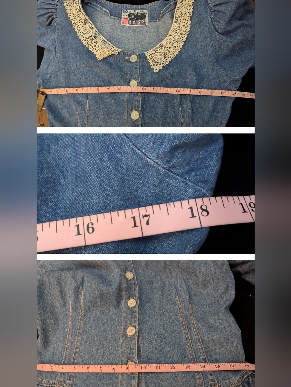 Vintage prairIe Blue Denim Chambray Modest Cottagecore Dress w/Lace Collar Sz L - Picture 12 of 13